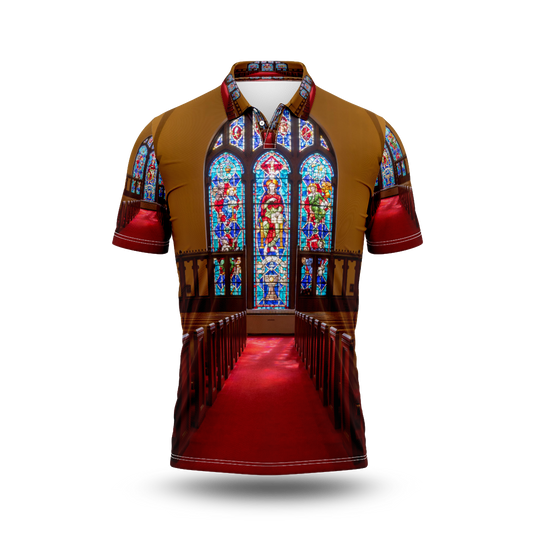 Red carpeted church aisle between pews light from stained glass window.