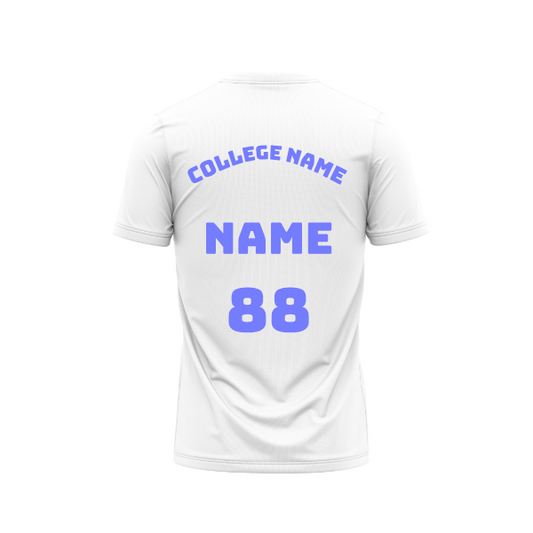 Plain Round neck White Tshirt With College Name , Player Name and Number Printed.