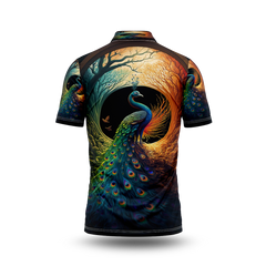 Painting of a peacock standing in front of a tree .