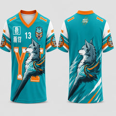 Wolf Graphic V-Neck Esports Jersey | Custom Teal Orange Gaming Team Jersey