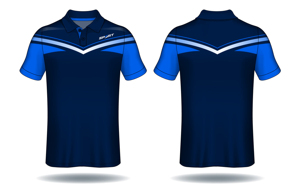 Wave Motion Blue White Cricket Polo Jersey – Athletic Edition front view sports jersey