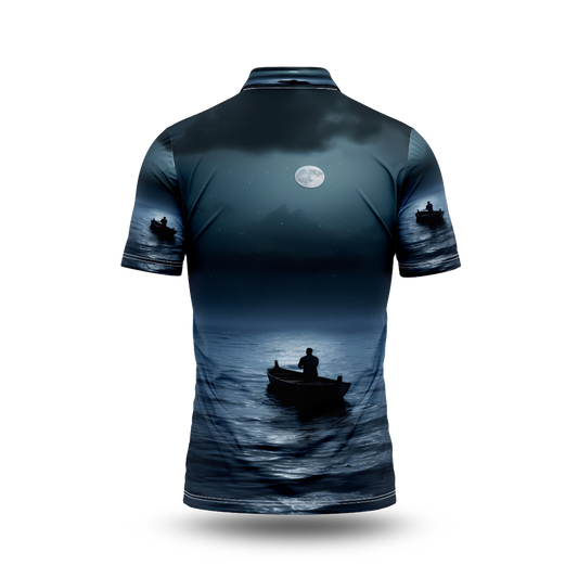 View of boat on water at night.