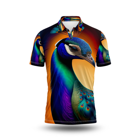 A colorful peacock with a blue and green tail.