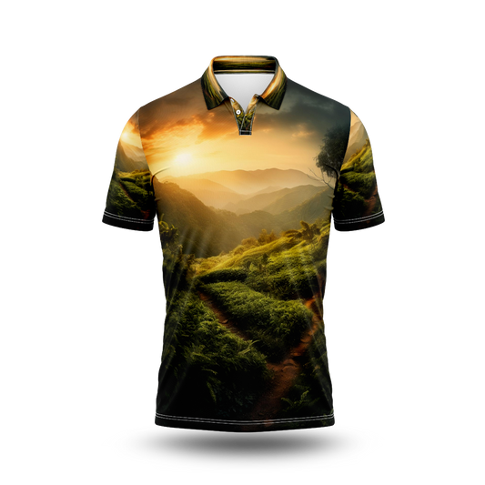 A sunset over a green mountain with a path leading to the horizon.