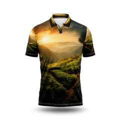 A sunset over a green mountain with a path leading to the horizon.