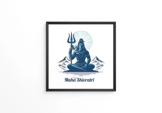 Happy Maha Shivratri greeting with mahadev trishul holding and mountain landscape frame (Copy)