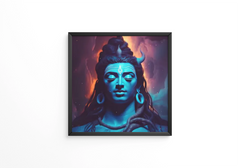 A painting of a god shiva with blue eyes and a glowing light frame