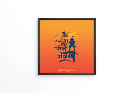 Shree ram navami HIndi calligraphy with lord ram illustration and ayodhya mandir frame