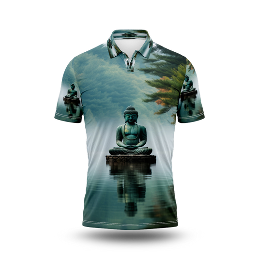 Buddha statue with natural water landscape.