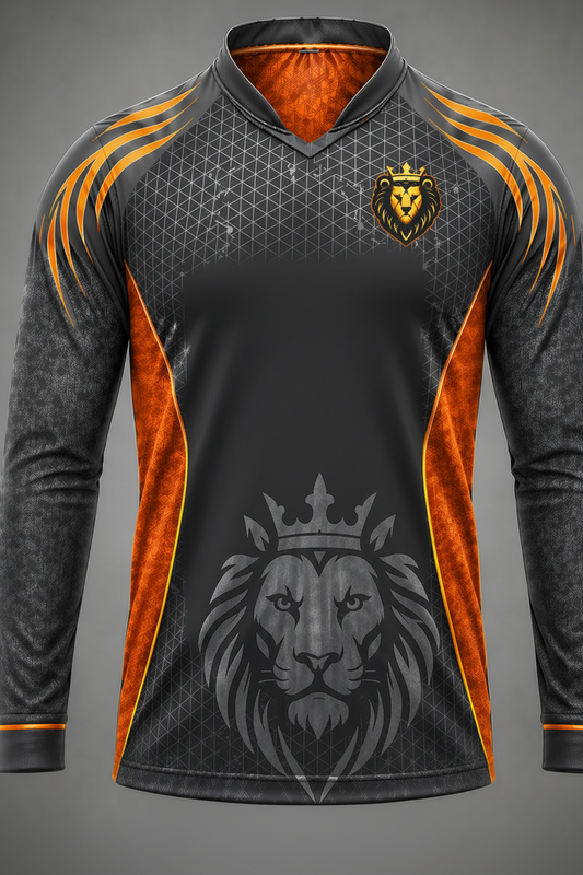 Long-sleeve shirt with lion design and brand logo on a gray background
