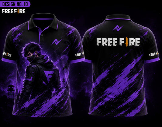 Shop the Free Fire Theme Polo Collar Esports Jersey Design No.10 featuring a premium black and purple Night Reaper design with customizable name, number, and team branding for gamers and esports teams.