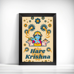 Hare Krishna Lord Krishna sitting in the lotus position in jewelry plays the flute in goats environment Music deity animals Fireworks Flowers Flat style frame (Copy)
