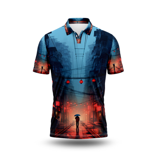 Person walking alone on a city street.