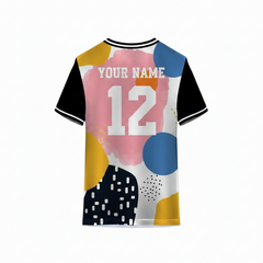 Abstract pastel sports t-shirt back design with pink watercolor, blue circles, and geometric patterns for custom sublimation team jersey printing by NextPrint India.
