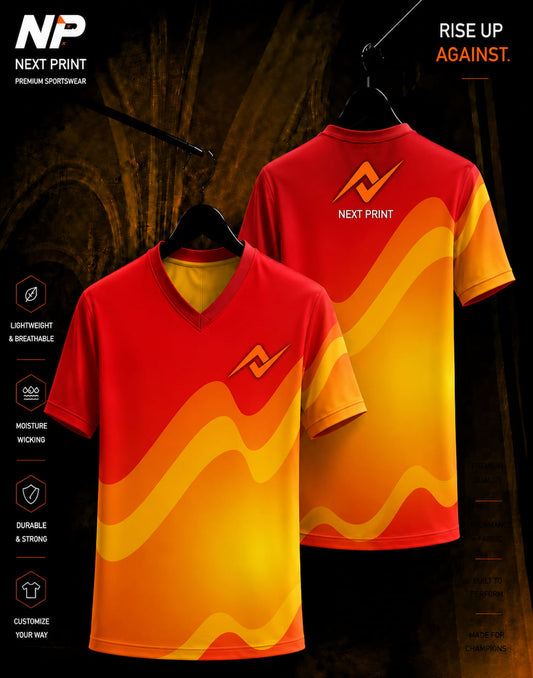 Abstract Wave Gradient V-Neck Sports Jersey featuring a modern red, orange, and yellow sublimation design with NextPrint logo.