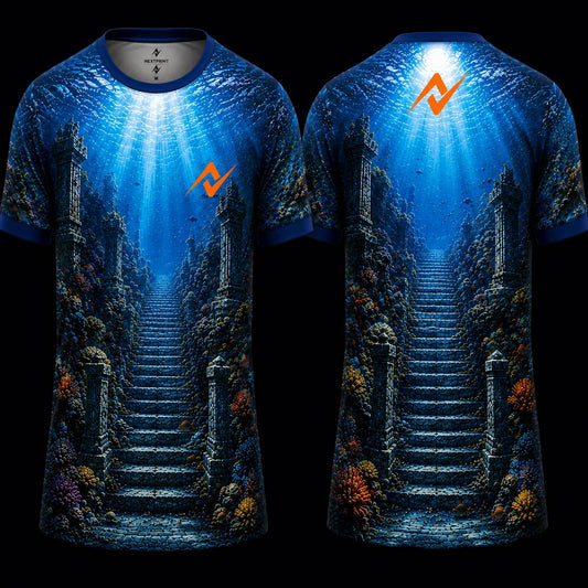 Ancient Underwater Ruins Sublimation Round Neck Sports Jersey featuring ocean temple stairs and blue underwater scenery, front and back view.