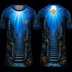 Ancient Underwater Ruins Sublimation Round Neck Sports Jersey featuring ocean temple stairs and blue underwater scenery, front and back view.
