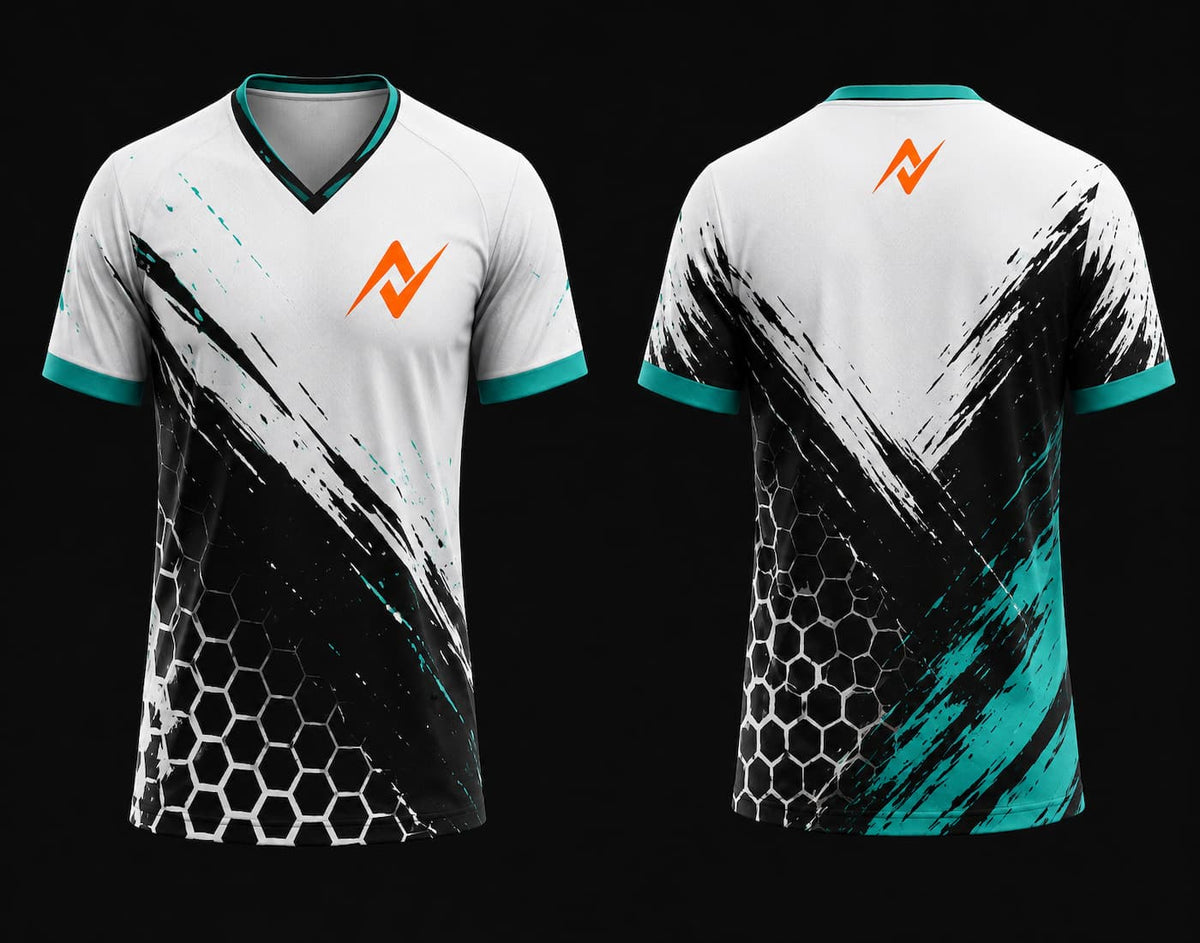 White, black and aqua V-neck esports jersey with hexagonal pattern, front and back mockup featuring chest logo and back neck logo.