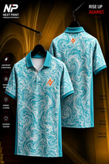 Front and back view of an aqua marble pattern polo sports jersey with premium dry-fit fabric and performance design.