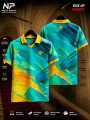 Aqua Splash Performance Polo Sports Jersey featuring teal, aqua, and yellow abstract brush-stroke graphics with front and back views.