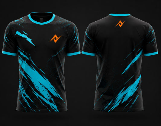 Front and back view of Aqua Strike Free Fire esports jersey featuring cyan brush stroke graphics, round neck collar, and custom orange team logo placement.