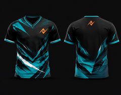 Black and aqua blue V-neck cricket jersey with geometric design featuring chest logo and back neck logo shown in front and back views.
