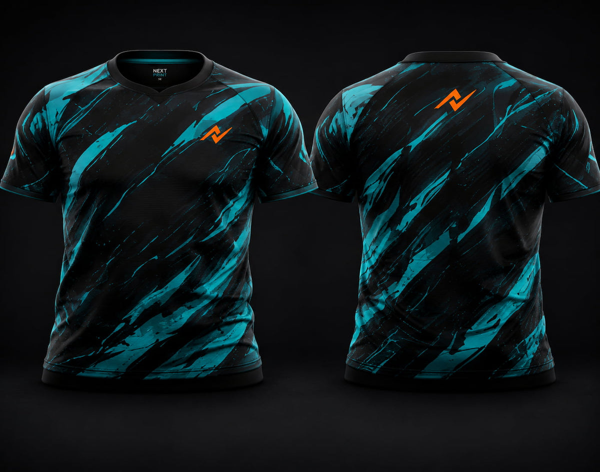 Front and back view of Aqua Surge premium esports jersey featuring cyan and black graphics, round neck collar, and professional gaming apparel styling.