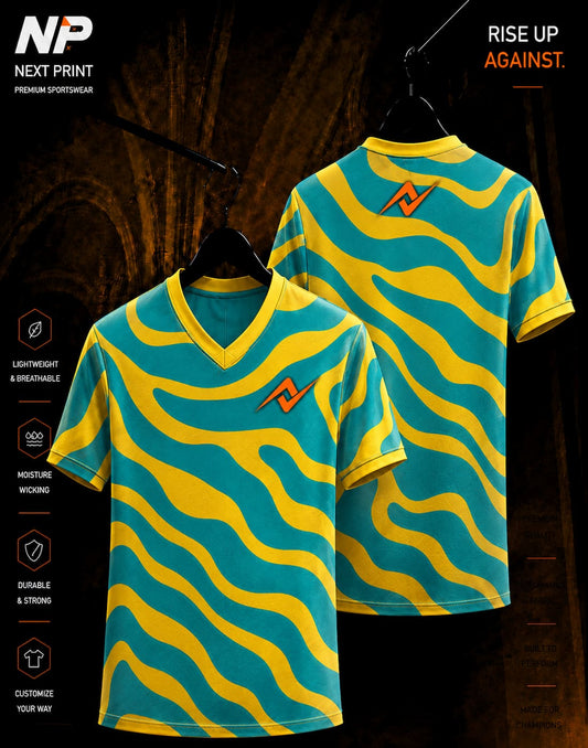 Aqua blue and yellow abstract wave pattern V-neck sublimation sports jersey by Next Print, front and back view