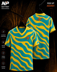Aqua blue and yellow abstract wave pattern V-neck sublimation sports jersey by Next Print, front and back view