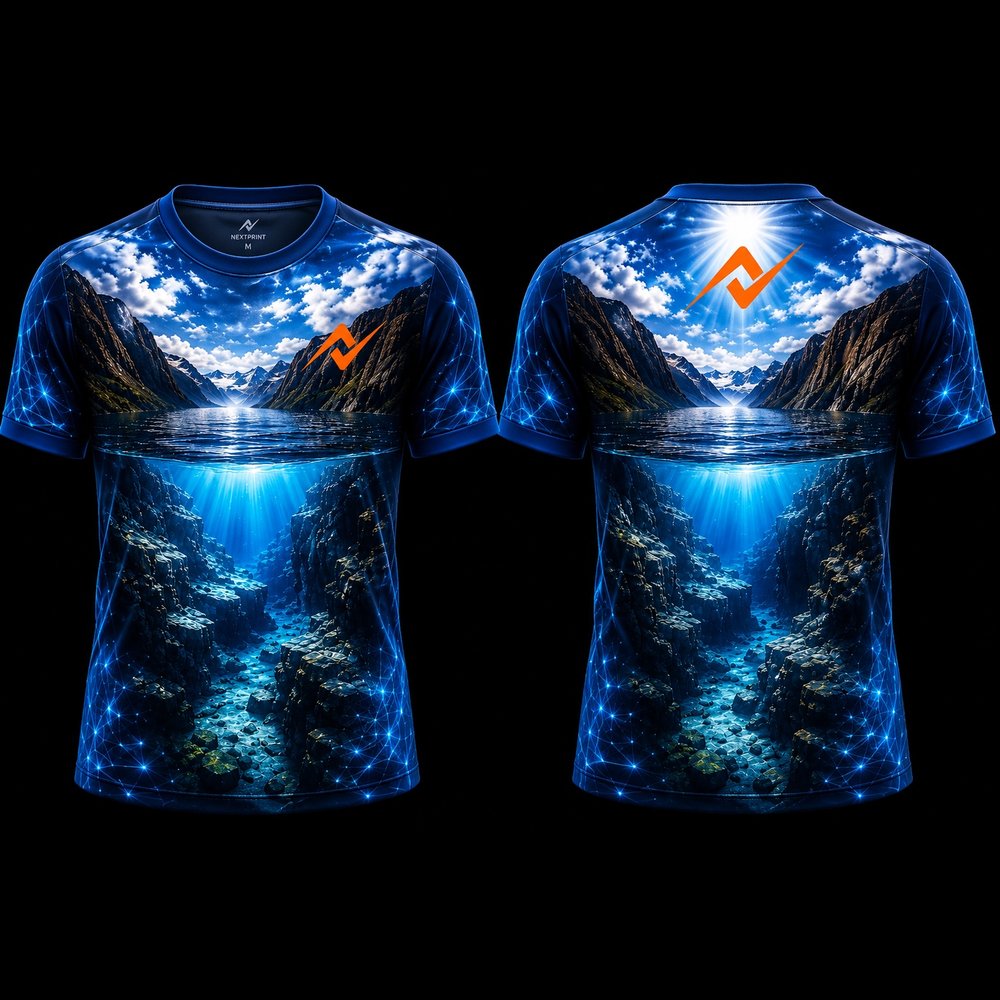 Premium Arctic Fjord Underwater Canyon Round Neck Sublimation Sports Jersey featuring mountain landscape, underwater ocean canyon artwork, front and back view by Next Print.