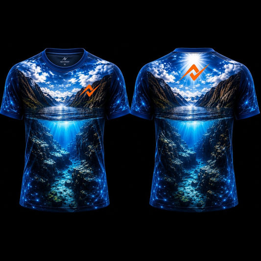 Premium Arctic Fjord Underwater Canyon Round Neck Sublimation Sports Jersey featuring mountain landscape, underwater ocean canyon artwork, front and back view by Next Print.