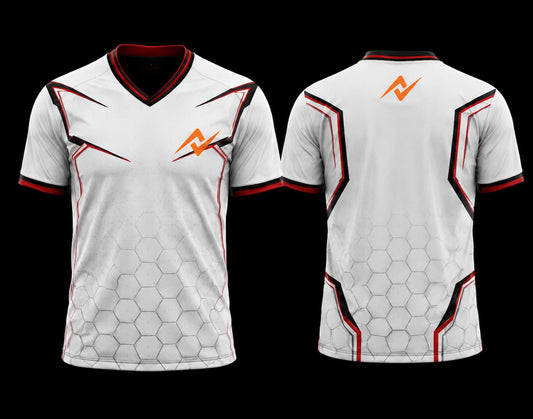 Front and back view of a white V-neck esports jersey featuring black and red geometric accents, a subtle hexagon pattern, and custom logo placement.