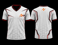 Front and back view of a white V-neck esports jersey featuring black and red geometric accents, a subtle hexagon pattern, and custom logo placement.