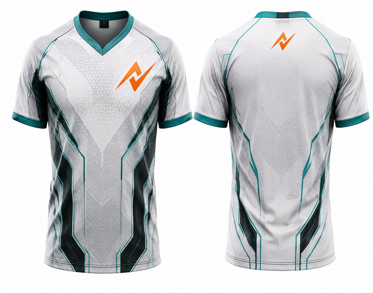 White and teal V-neck esports gaming jersey featuring futuristic geometric graphics with front and back views.