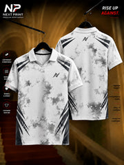 White polo sports jersey with grey marble texture and charcoal geometric accents, premium dry-fit fabric, front and back view.