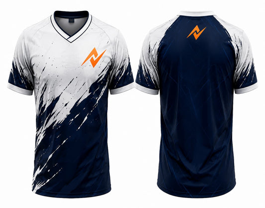White and navy blue V-neck esports jersey with bold paint-stroke graphics, shown in front and back views for gaming teams.
