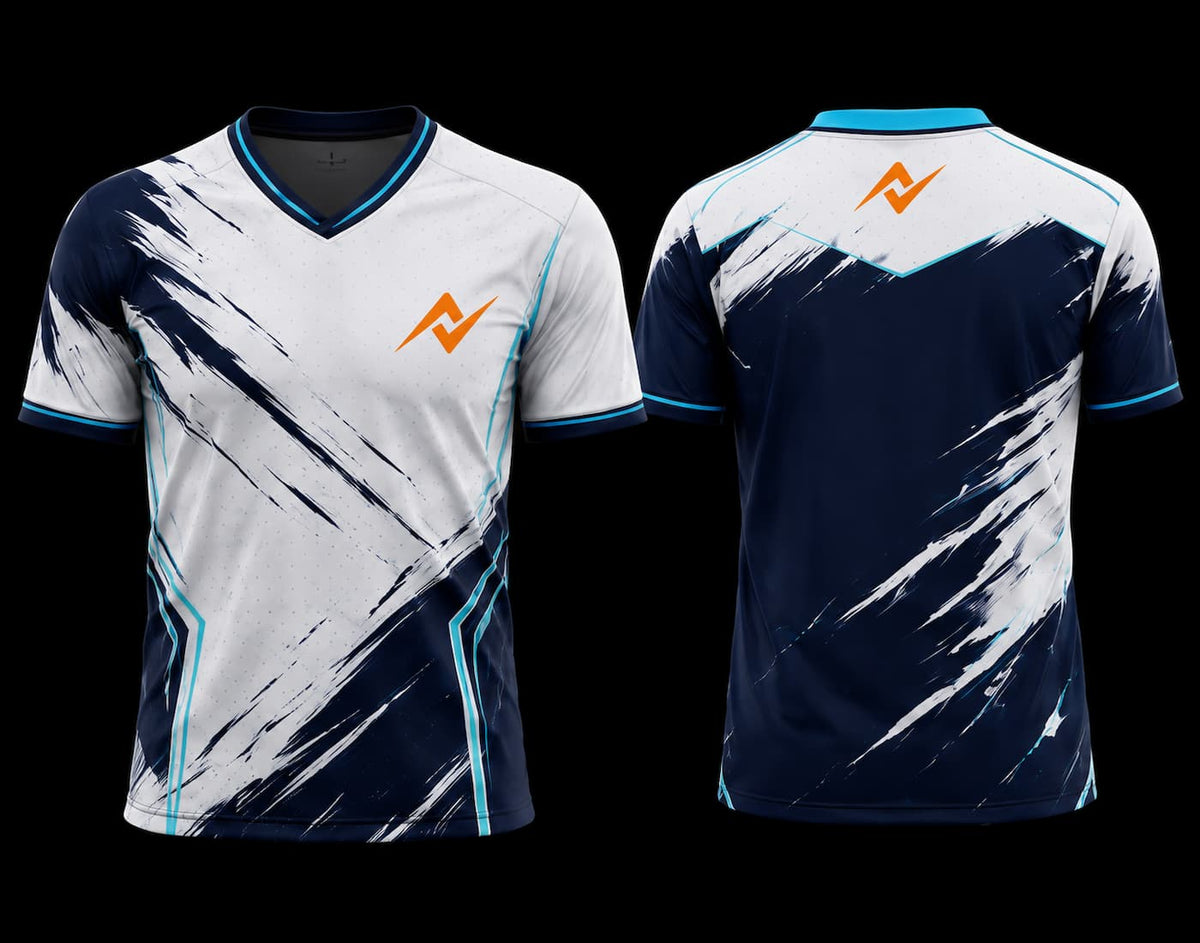 Front and back view of a white and navy blue V-neck esports jersey with dynamic brush-stroke graphics, cyan accents, and custom logo placement.