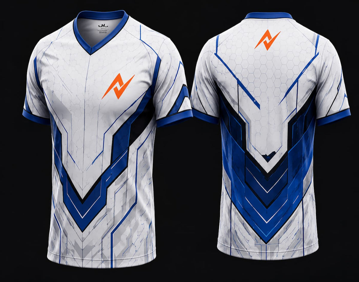 Front and back view of a white and royal blue V-neck esports jersey featuring futuristic geometric graphics with an orange logo on the chest and upper back.