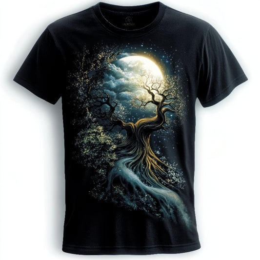 Next Print Artistic black tshirt featuring a mystical tree and moon