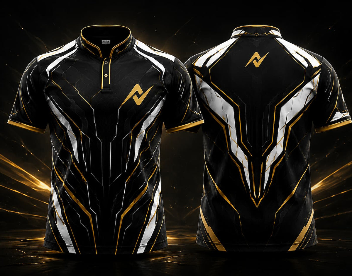 Front and back view of a black, white, and gold Chinese collar esports jersey featuring futuristic armor graphics with a gold chest logo and matching back neck logo.