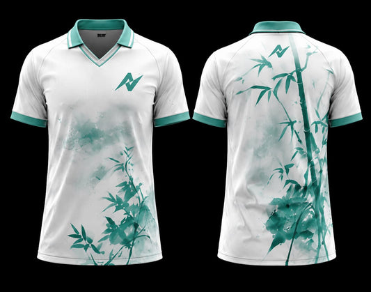 Front and back view of the Bamboo Harmony K-Pop V-Neck Polo Collar Jersey featuring white fabric with jade green watercolor bamboo artwork and premium sublimation print.