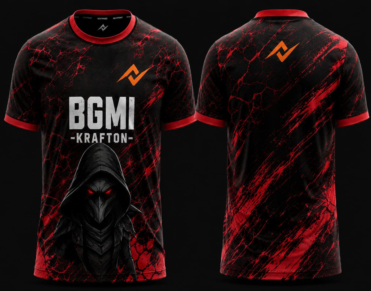 Front and back view of BGMI Crimson Reaper black and red esports jersey featuring a hooded reaper design and premium round neck gaming apparel style.