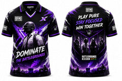 Black and purple BGMI inspired esports jersey featuring battleground soldier artwork, premium V-neck polo collar, and front and back gaming graphics.