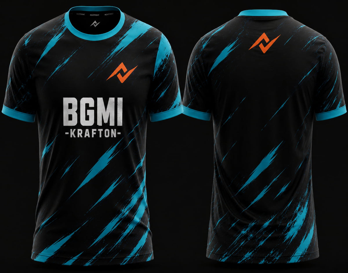 Front and back view of BGMI Frost Strike black and cyan esports gaming jersey with round neck design and premium sublimation print.