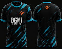 Front and back view of BGMI Frost Strike black and cyan esports gaming jersey with round neck design and premium sublimation print.