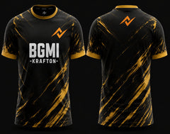 Front and back view of BGMI Gold Fury round neck esports jersey featuring black and gold brush stroke graphics with premium gaming design.
