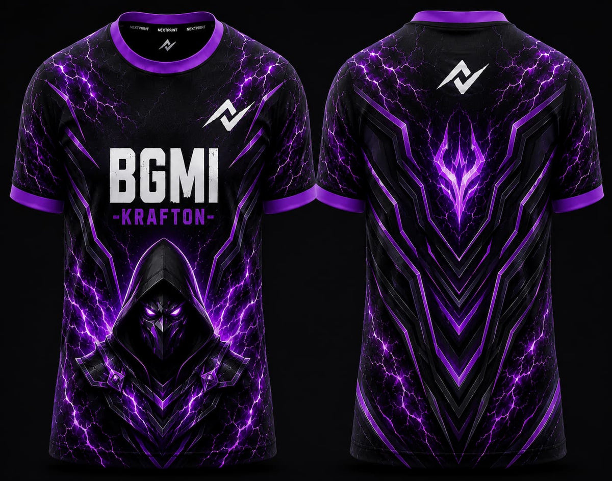 Front and back view of BGMI Phantom Vortex black and purple round neck esports jersey featuring futuristic phantom warrior artwork and energy patterns.