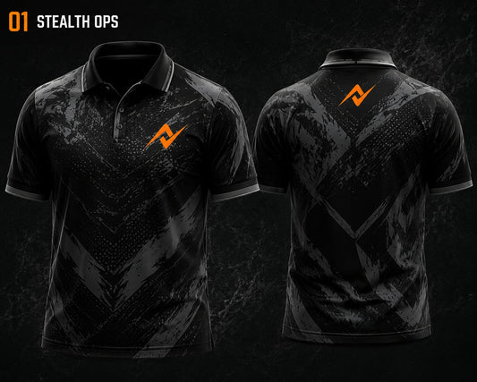 Front and back view of BGMI Polo Collar Esports Jersey Design No.1 Stealth Ops Edition featuring a black tactical camouflage design with orange logo placement on the side chest and below the back collar.