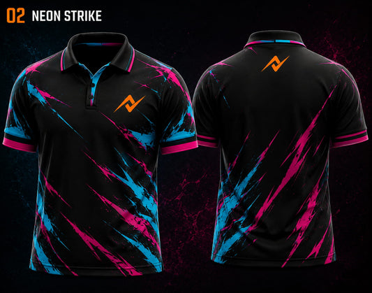 Front and back view of BGMI Polo Collar Esports Jersey Design No.2 Neon Strike Edition featuring a black jersey with neon cyan and magenta graphics and custom orange logo placement on the side chest and below the back collar.
