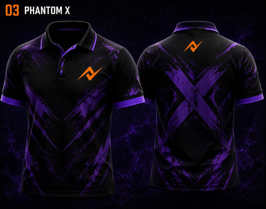 Front and back view of BGMI Polo Collar Esports Jersey Design No.3 Phantom X Edition featuring a black and purple esports design with custom orange logo placement on the side chest and below the back collar.